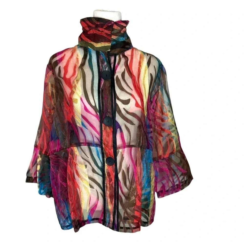 DAMEE Inc. Sheer Blouse Jacket Rainbow Wired Collar XL Maximalist Art to Wear - Picture 2 of 10